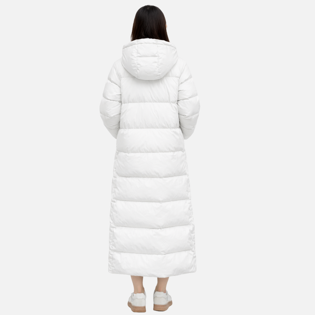 Długa kurtka puchowa damska z kapturem