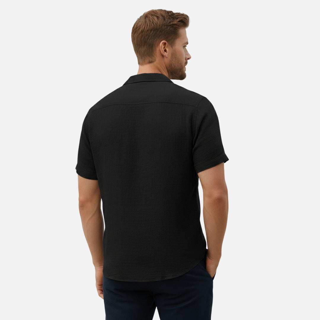 Damian | Koszula męska lniana krótki rękaw kołnierz camp