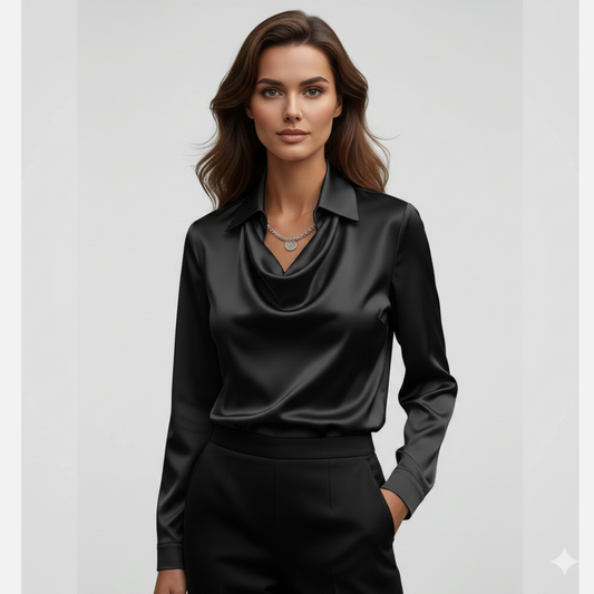 Elegancka satynowa bluzka damska z drapowanym dekoltem