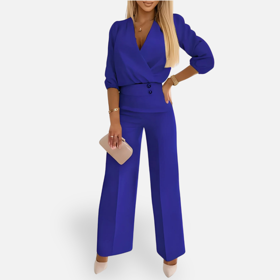 Ewa | Damski Komplet Bluzka Kopertowa i Szerokie Spodnie – Elegancki