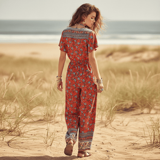 Kombinezon Crimson Bloom Boho z szerokimi nogawkami i kieszeniami 1