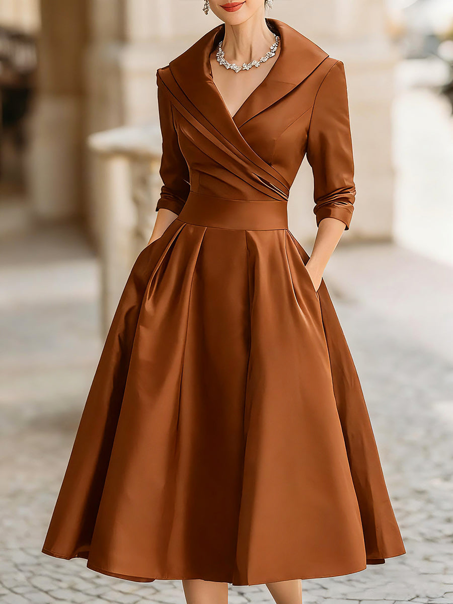 Vintage-Inspired Satin Midi Dress With Draped Collar 12