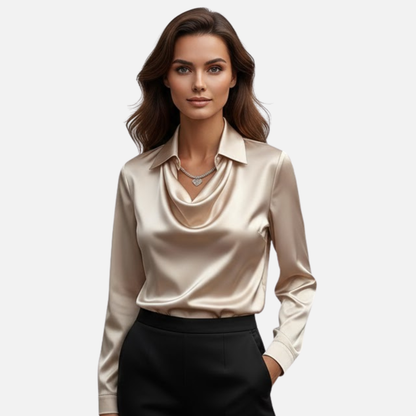 Sandra | Damska Bluzka Satynowa z Drapowanym Dekoltem Cowl Neck Długi Rękaw