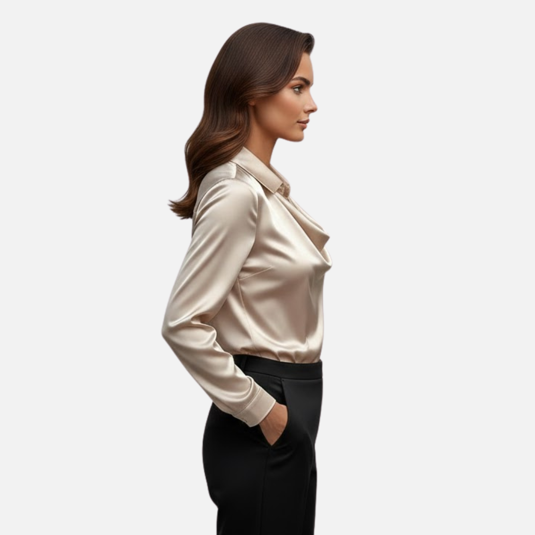 Sandra | Damska Bluzka Satynowa z Drapowanym Dekoltem Cowl Neck Długi Rękaw