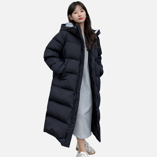 Długa kurtka puchowa damska z kapturem