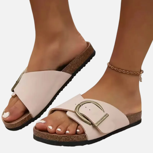 Elżbieta | Klapki damskie korkowe z klamrą profilowana wkładka