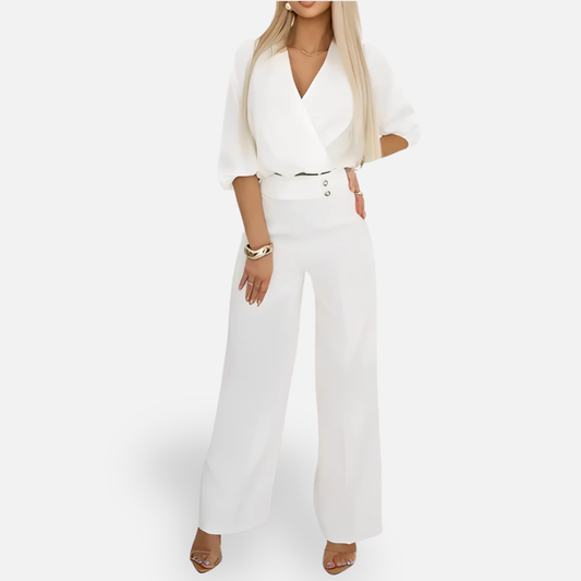 Ewa | Damski Komplet Bluzka Kopertowa i Szerokie Spodnie – Elegancki