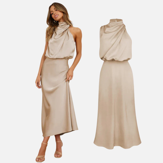Emilia | Satynowa sukienka maxi halter bez rękawów elegancka