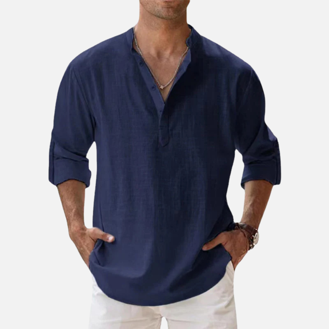 Męska Koszula Lniana Henley – Przewiewna Koszula Plażowa z Bawełną