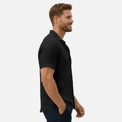 Damian | Koszula męska lniana krótki rękaw kołnierz camp