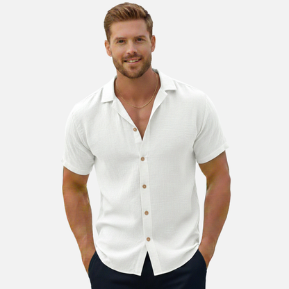 Damian | Koszula męska lniana krótki rękaw kołnierz camp