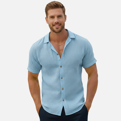 Damian | Koszula męska lniana krótki rękaw kołnierz camp