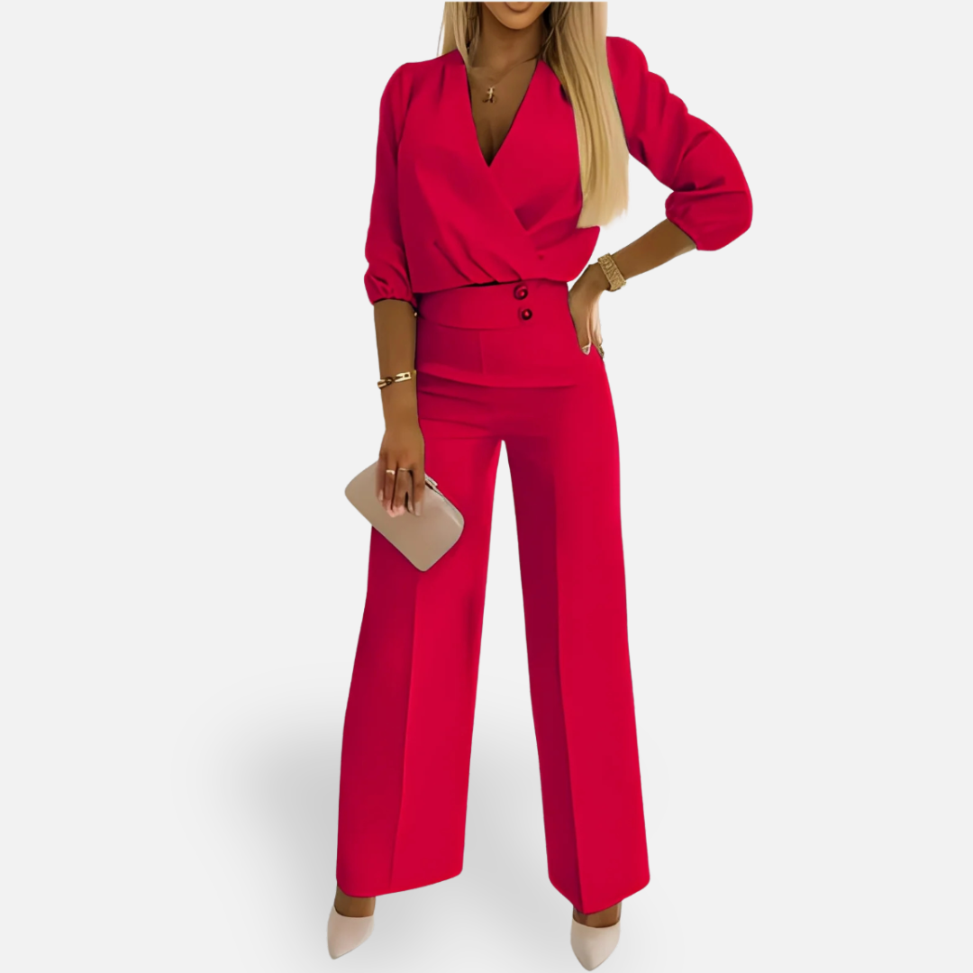 Ewa | Damski Komplet Bluzka Kopertowa i Szerokie Spodnie – Elegancki