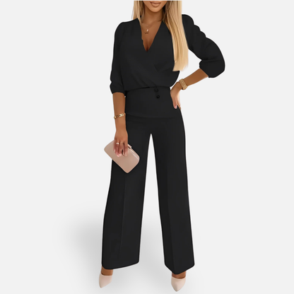 Ewa | Damski Komplet Bluzka Kopertowa i Szerokie Spodnie – Elegancki