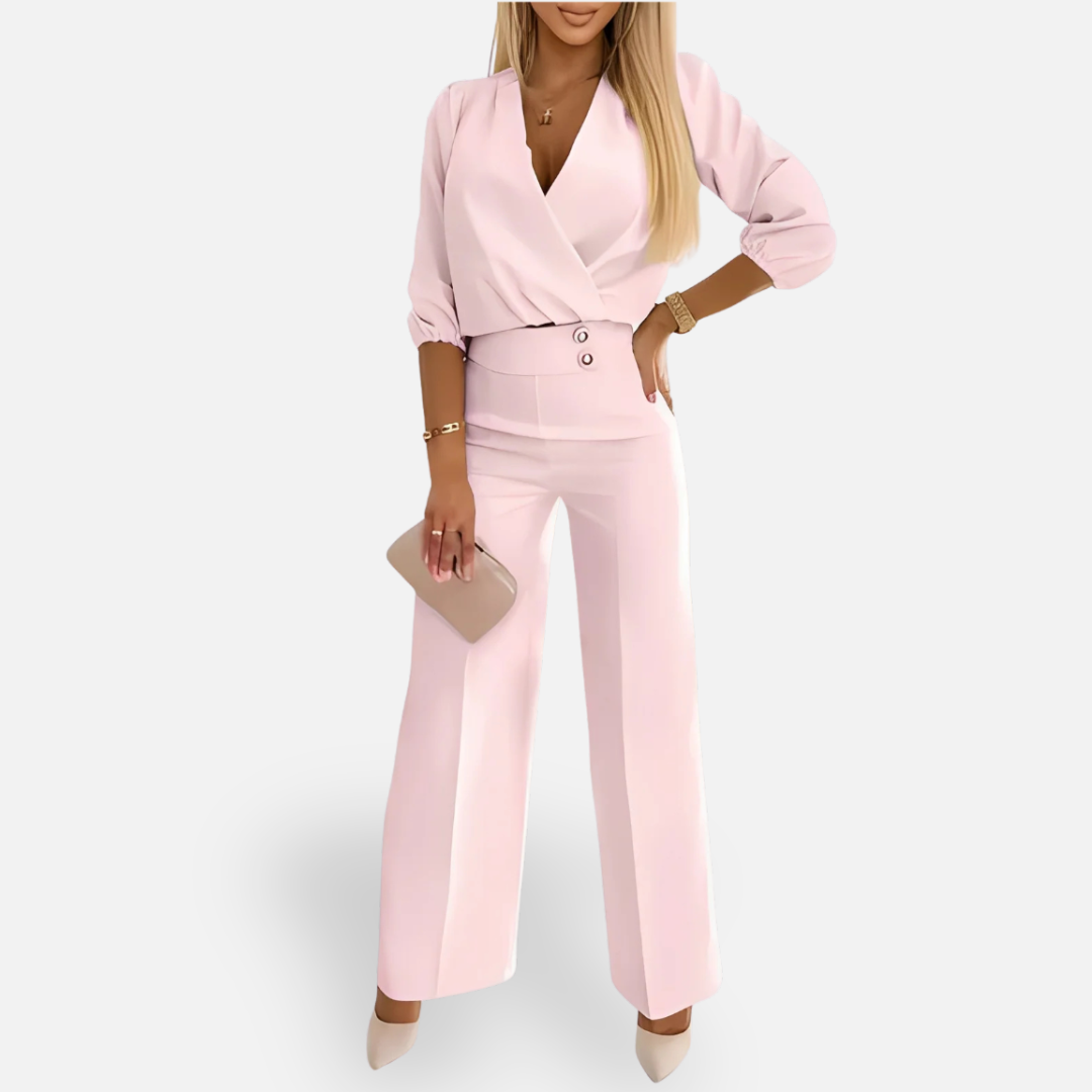 Ewa | Damski Komplet Bluzka Kopertowa i Szerokie Spodnie – Elegancki