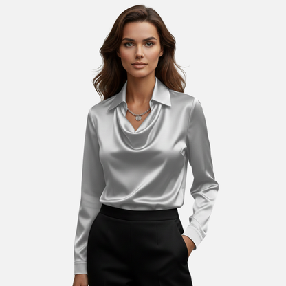 Sandra | Damska Bluzka Satynowa z Drapowanym Dekoltem Cowl Neck Długi Rękaw