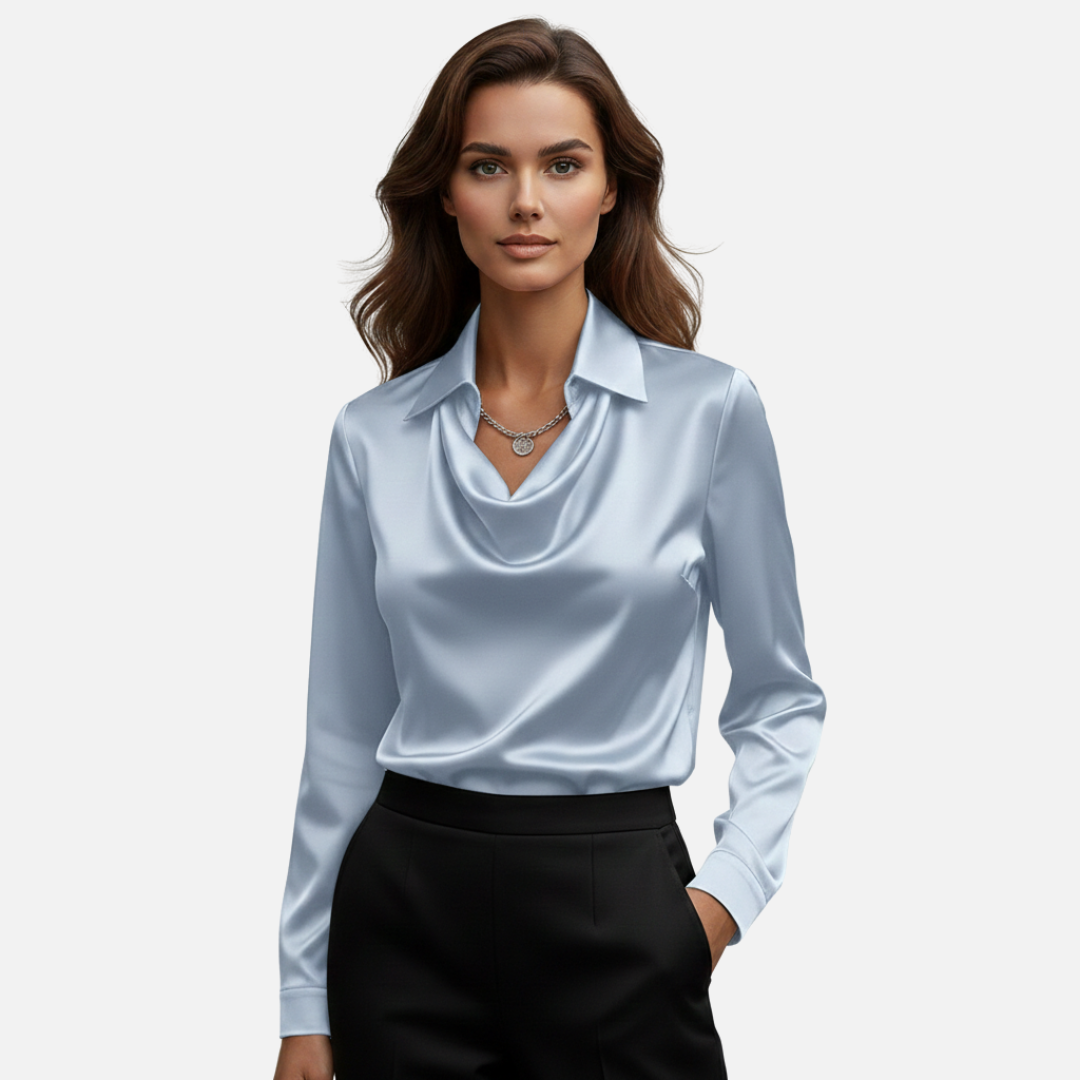 Sandra | Damska Bluzka Satynowa z Drapowanym Dekoltem Cowl Neck Długi Rękaw
