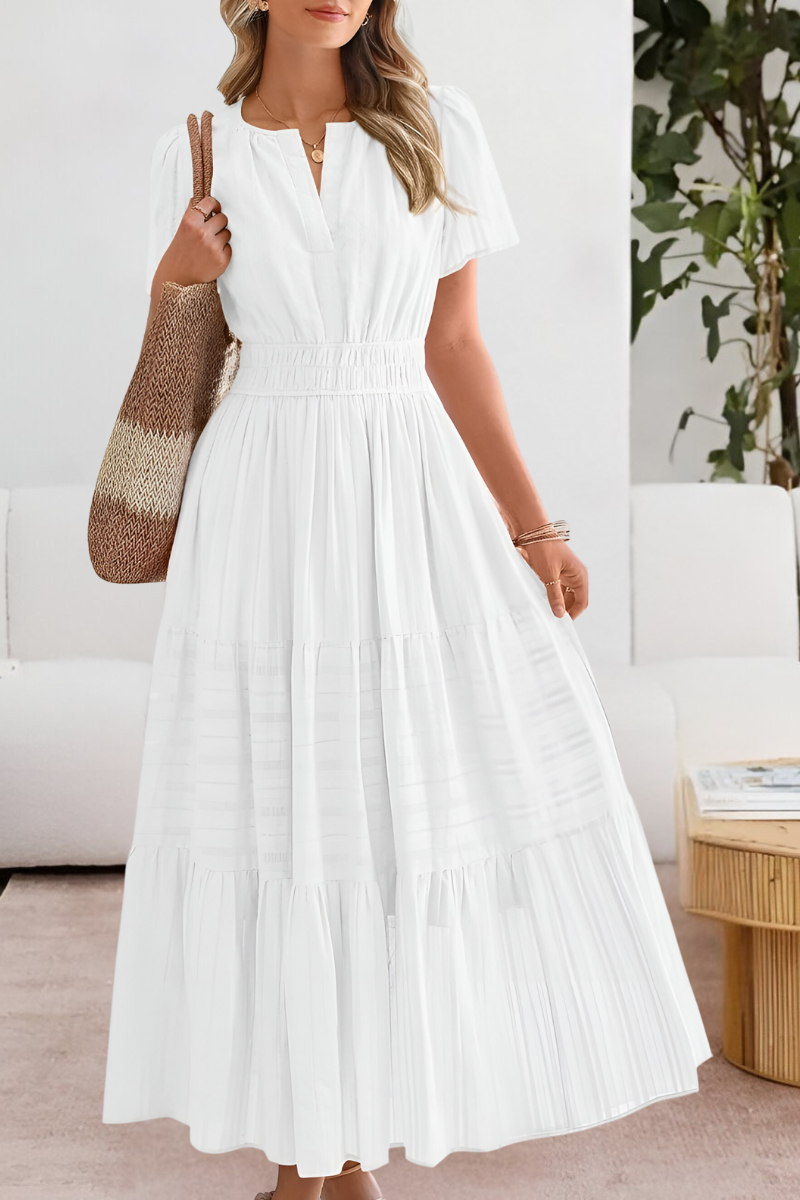 Alice | Damska sukienka midi w stylu boho z krótkim rękawem i marszczeniami 4