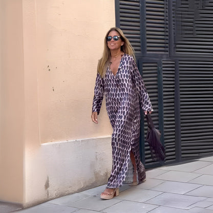 Aria | Sukienka maxi w stylu boho z długim rękawem, dekoltem w serek, z nadrukiem i zwiewną 0