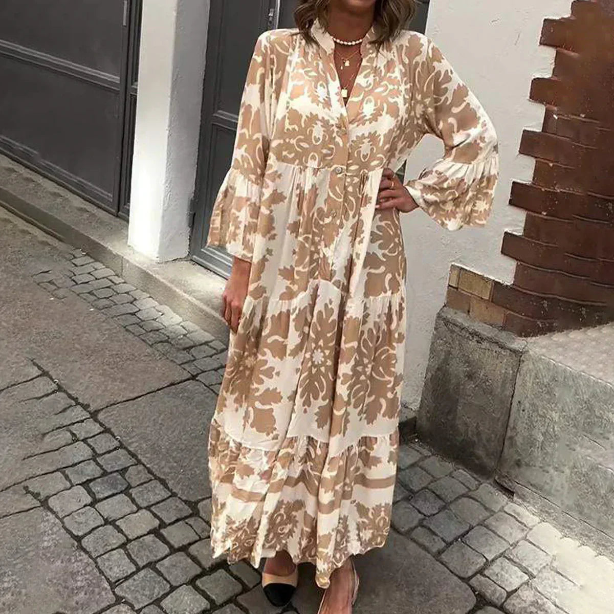 Ava | Damska sukienka midi z długim rękawem i nadrukiem w stylu boho 0