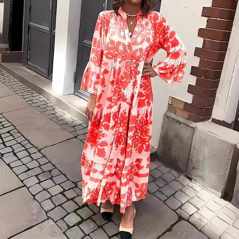 Ava | Damska sukienka midi z długim rękawem i nadrukiem w stylu boho 2