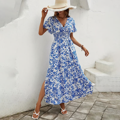 Bianca | Damska sukienka maxi w stylu boho z nadrukiem i dekoltem w serek, z krótkim rękawem 0