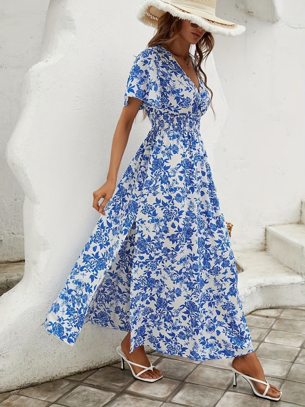 Bianca | Damska sukienka maxi w stylu boho z nadrukiem i dekoltem w serek, z krótkim rękawem 4