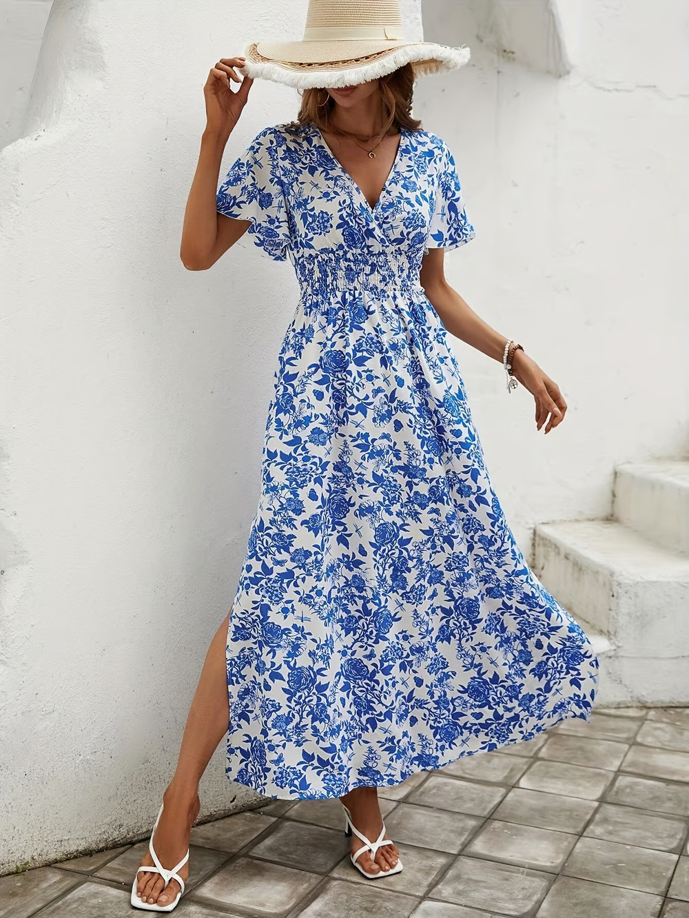 Bianca | Damska sukienka maxi w stylu boho z nadrukiem i dekoltem w serek, z krótkim rękawem 5