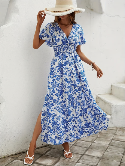 Bianca | Damska sukienka maxi w stylu boho z nadrukiem i dekoltem w serek, z krótkim rękawem 5