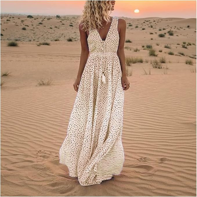 Catherine | Damska sukienka maxi w stylu boho bez rękawów z dekoltem w serek 0