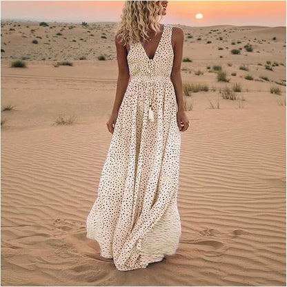 Catherine | Damska sukienka maxi w stylu boho bez rękawów z dekoltem w serek 0