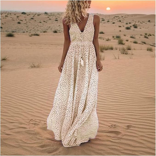 Catherine | Damska sukienka maxi w stylu boho bez rękawów z dekoltem w serek 0