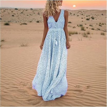 Catherine | Damska sukienka maxi w stylu boho bez rękawów z dekoltem w serek 2