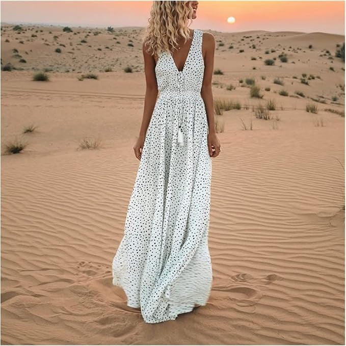 Catherine | Damska sukienka maxi w stylu boho bez rękawów z dekoltem w serek 3