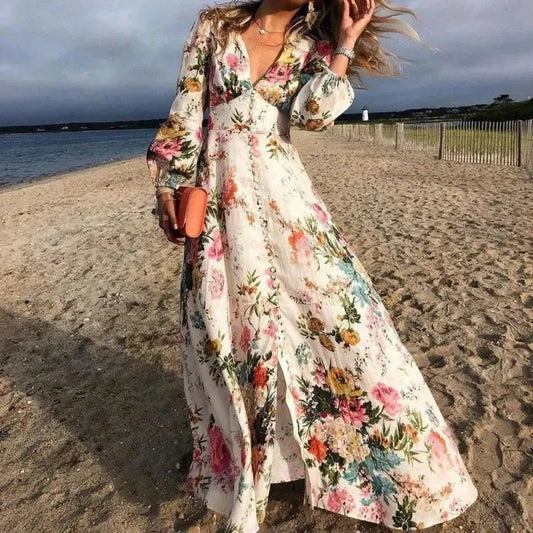 Ella | Sukienka maxi w kwiaty z długim rękawem i dekoltem w serek w stylu boho, plażowa 0