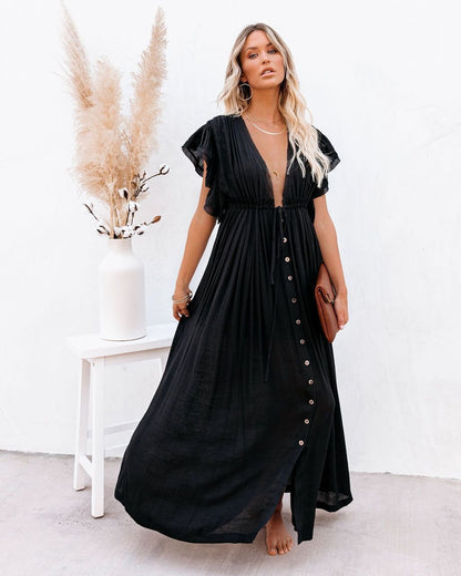 Florence | Sukienka maxi w stylu boho z głębokim dekoltem w serek, guzikami z przodu i bufiastymi rękawami 0