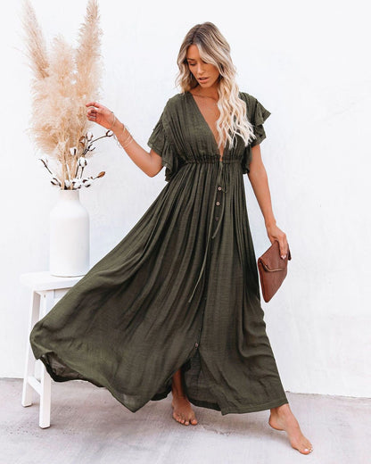 Florence | Sukienka maxi w stylu boho z głębokim dekoltem w serek, guzikami z przodu i bufiastymi rękawami 2