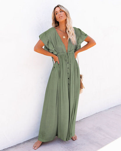 Florence | Sukienka maxi w stylu boho z głębokim dekoltem w serek, guzikami z przodu i bufiastymi rękawami 4