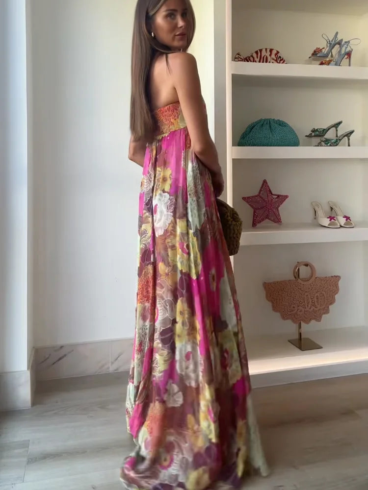Ivy | Damska sukienka maxi bez ramiączek z kwiatowym wzorem na wesele 5