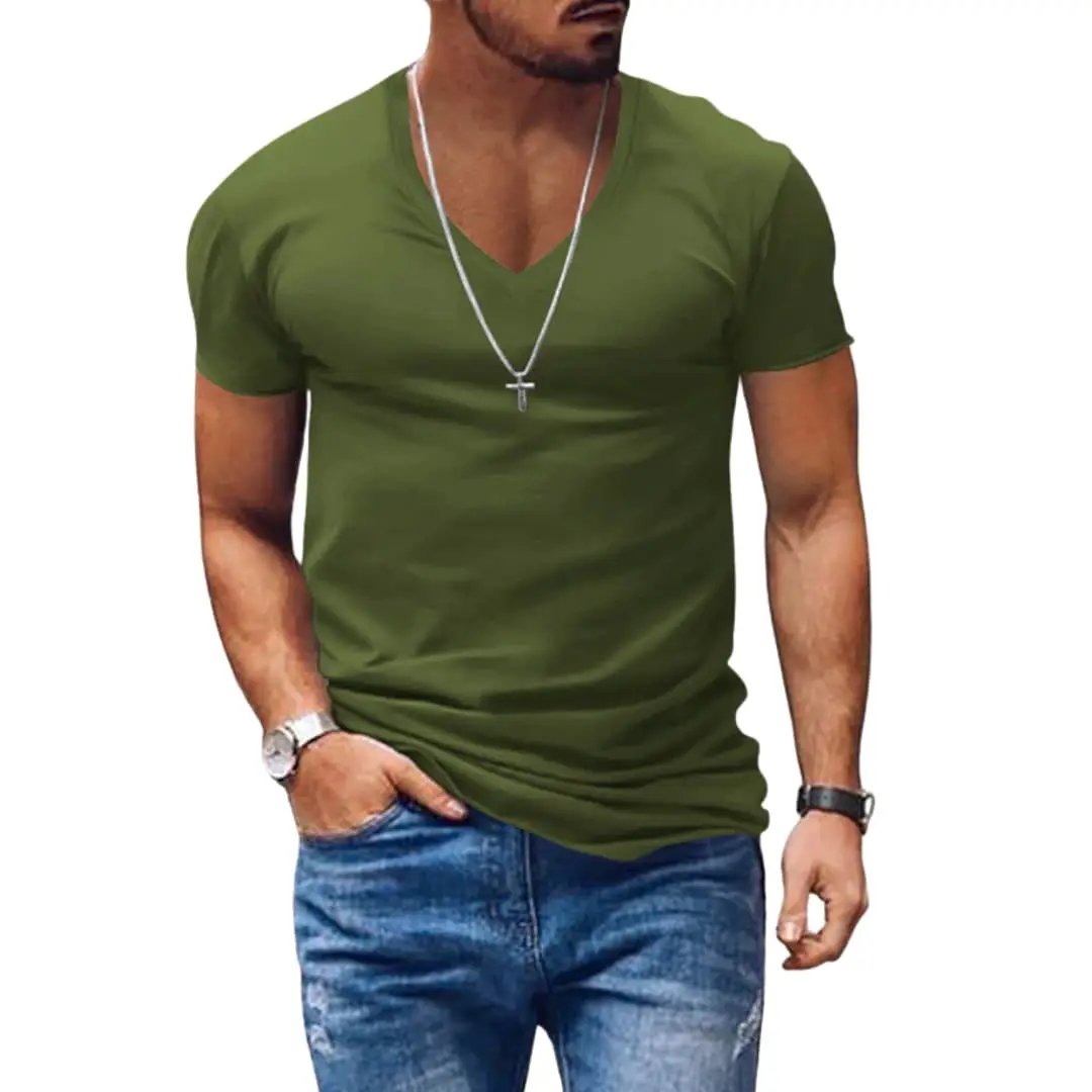Klasyczny męski T-shirt z krótkim rękawem i dekoltem w serek 6