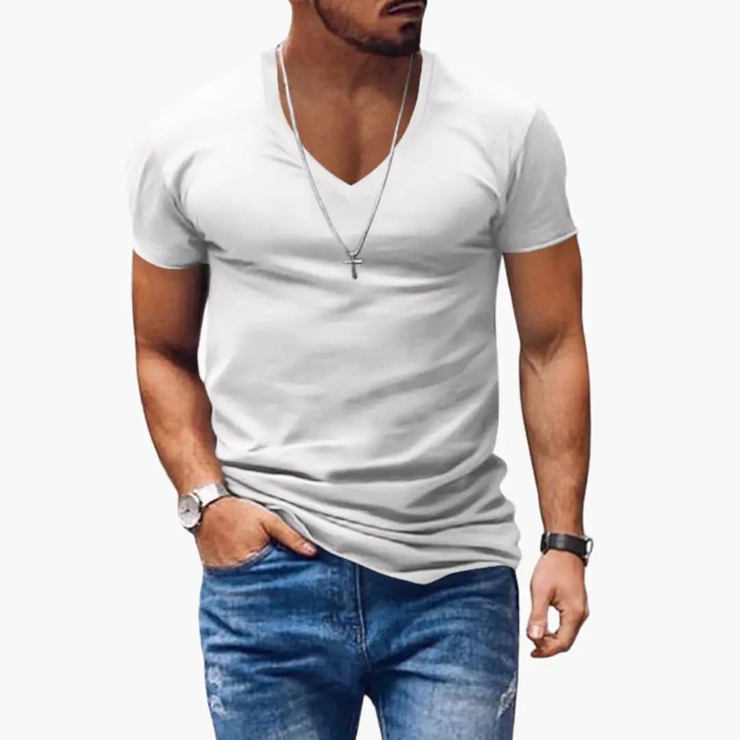 Klasyczny męski T-shirt z krótkim rękawem i dekoltem w serek 7