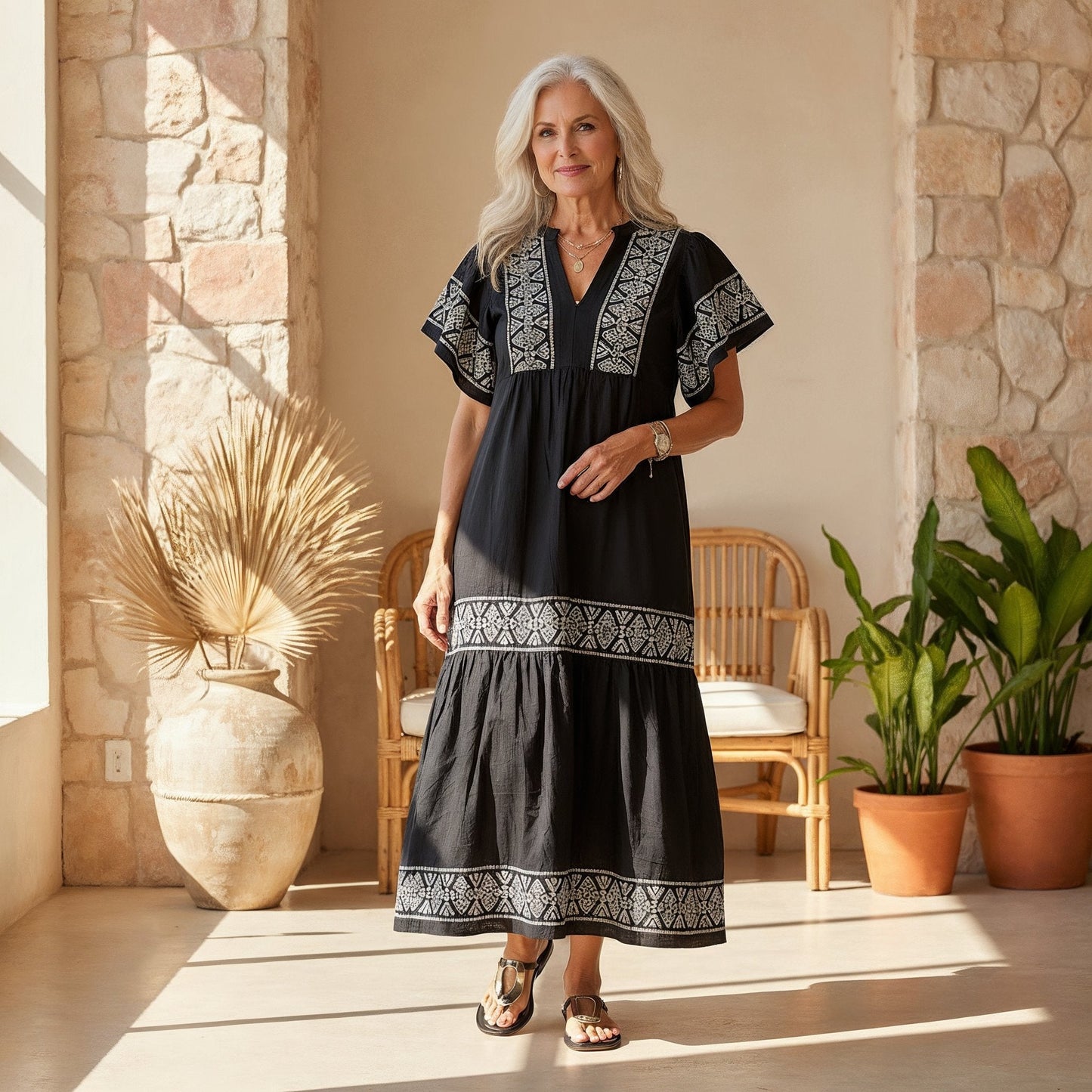 Olivia | Sukienka maxi w stylu boho z dekoltem w serek i haftowanym wycięciem modelującym brzuch 7