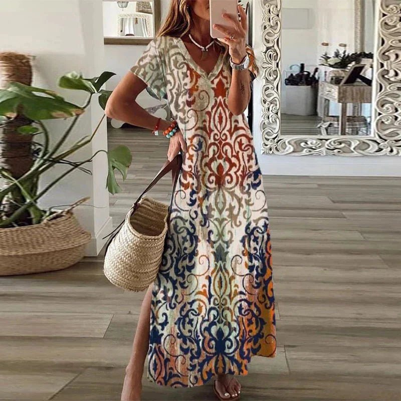 Scarlett | Sukienka maxi w stylu boho z dekoltem w serek, krótkim rękawem i rozcięciem z boku 0