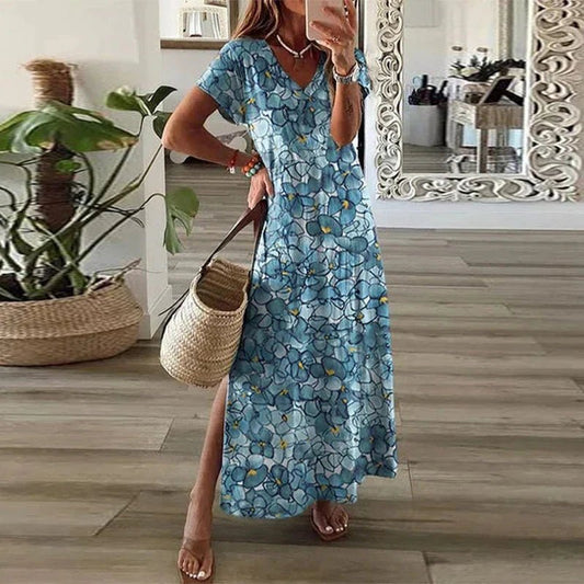 Scarlett | Sukienka maxi w stylu boho z dekoltem w serek, krótkim rękawem i rozcięciem z boku 1