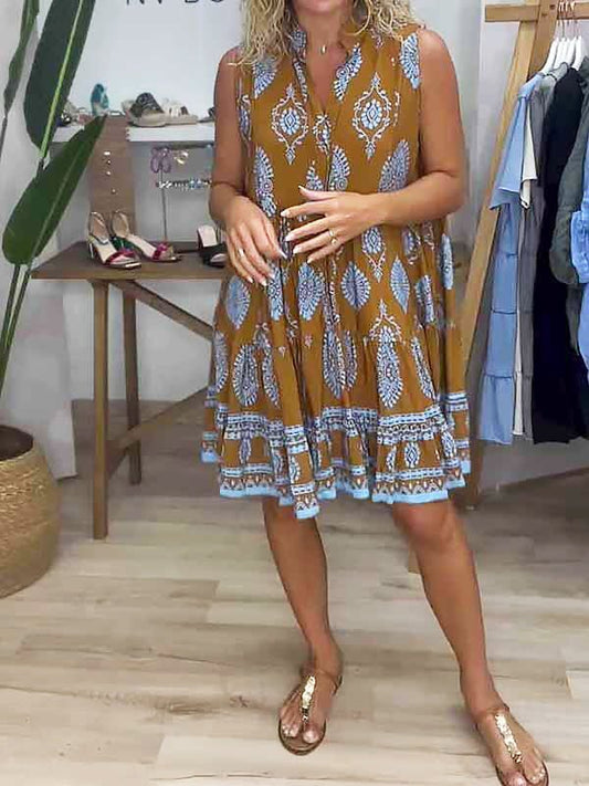 Sienna | Sukienka mini w stylu boho z dekoltem w serek i bez rękawów, z warstwowymi wstawkami 0