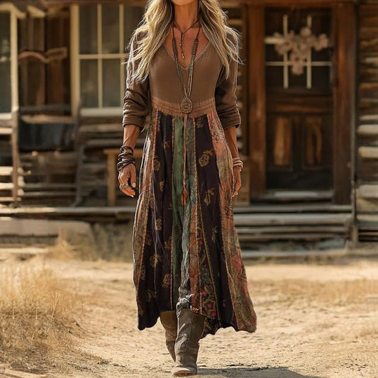 Sophie | Sukienka maxi w stylu boho z długim rękawem i dekoltem w serek, z patchworkowym nadrukiem 0