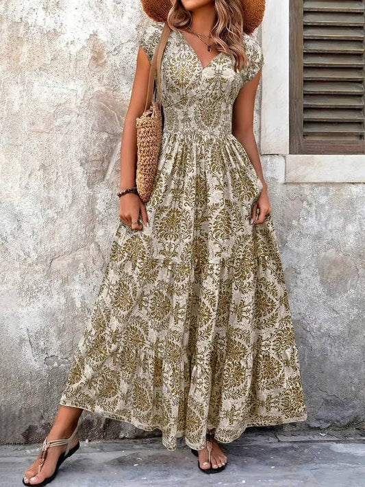 Sophie | Sukienka maxi w stylu boho z marszczeniami w talii, wielowarstwowym dekoltem w serek i krótkimi rękawami 0