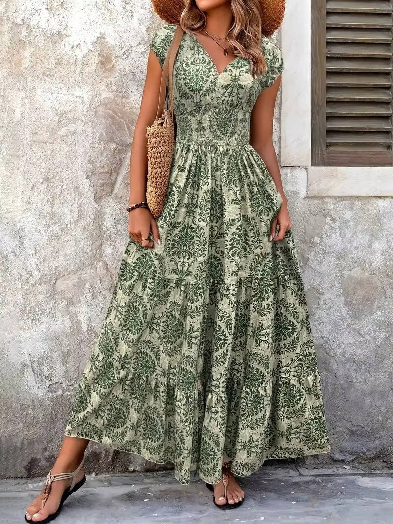 Sophie | Sukienka maxi w stylu boho z marszczeniami w talii, wielowarstwowym dekoltem w serek i krótkimi rękawami 1