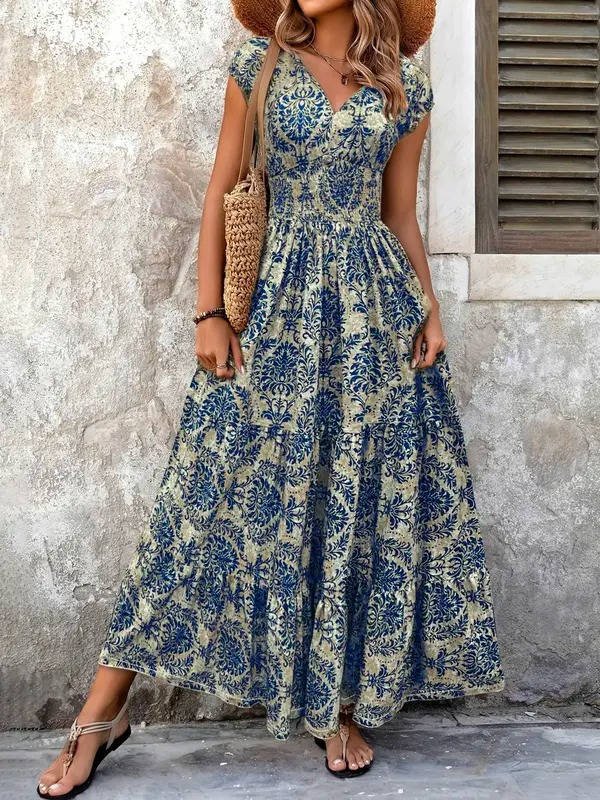 Sophie | Sukienka maxi w stylu boho z marszczeniami w talii, wielowarstwowym dekoltem w serek i krótkimi rękawami 2