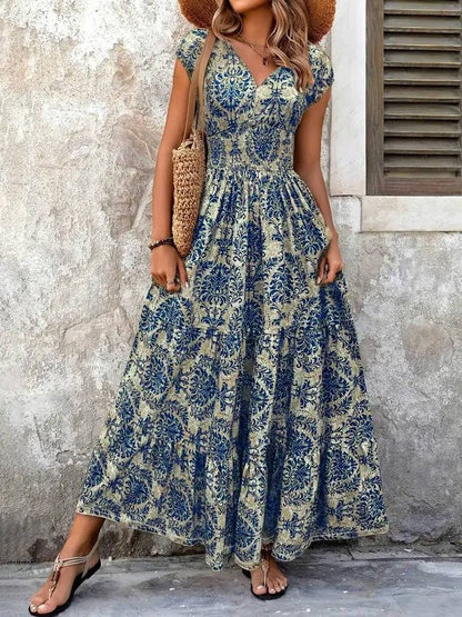 Sophie | Sukienka maxi w stylu boho z marszczeniami w talii, wielowarstwowym dekoltem w serek i krótkimi rękawami 2